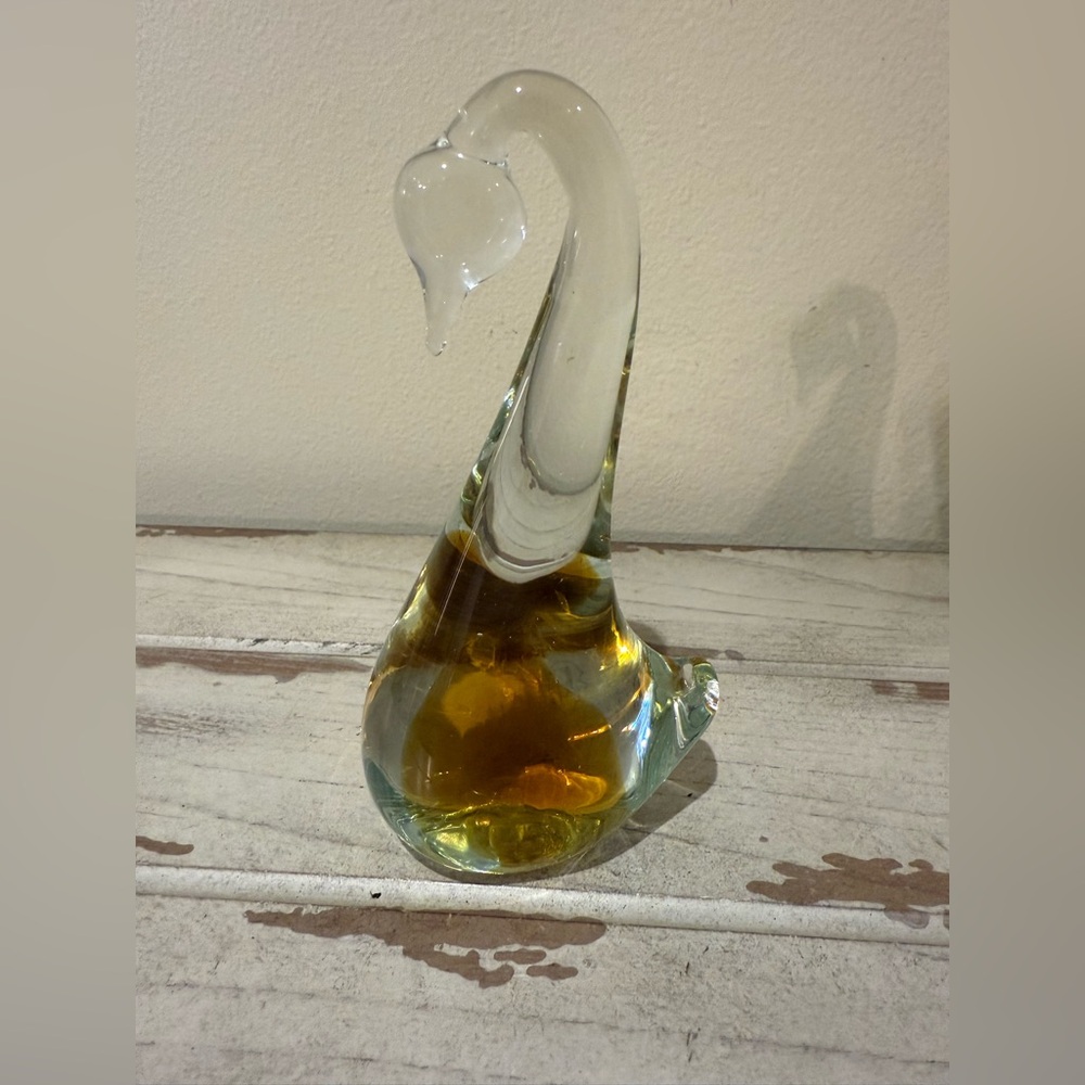 Murano Style Glass Amber and Clear Swan Figurine